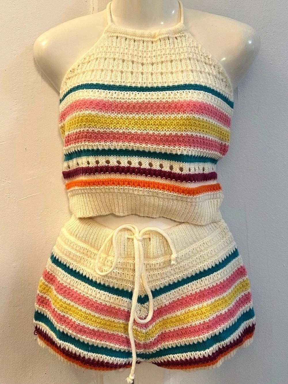 Striped Knit Halter Top & Shorts Set in White & Pink